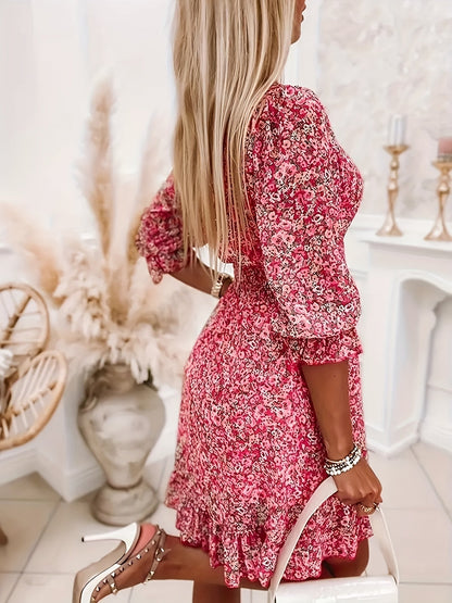 V-neck Printed Dress With Ruffled Sleeves