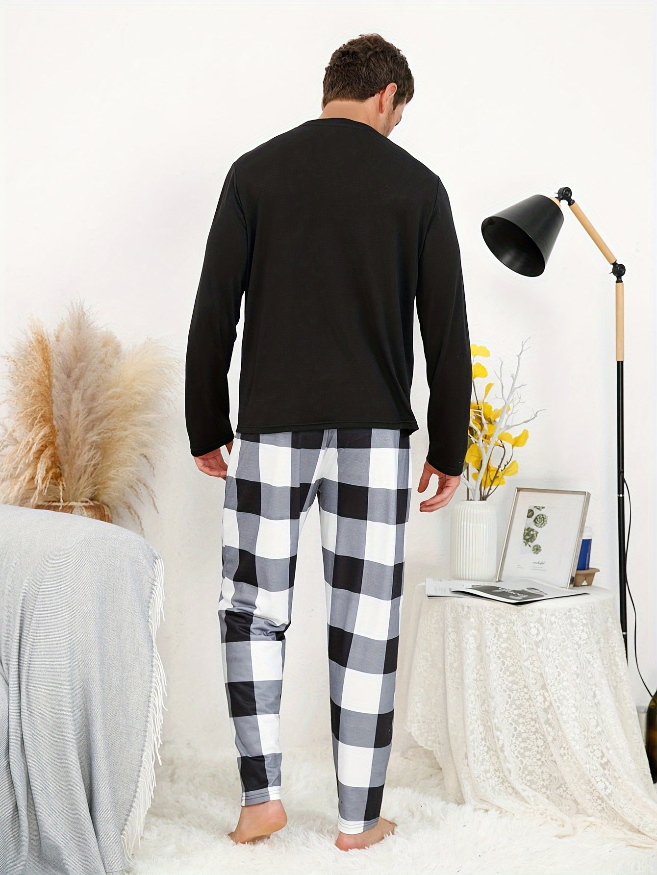 Polyester Long Sleeve Trousers Men's Pajama Set