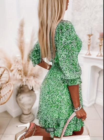 V-neck Printed Dress With Ruffled Sleeves