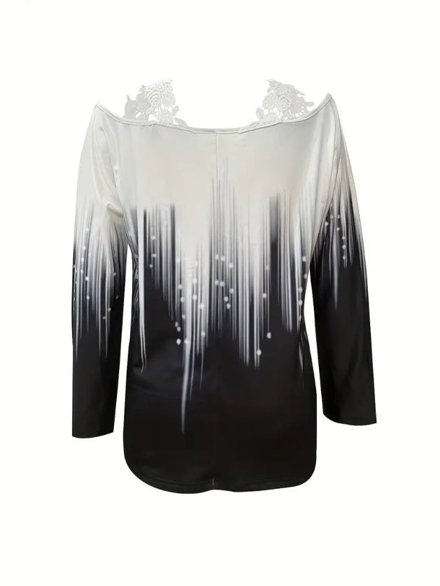 Gradient Color Printed Lace Edge Off-shoulder Top