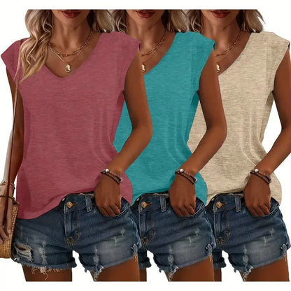 Women's Cap Sleeve V Neck Tops x3 Pieces