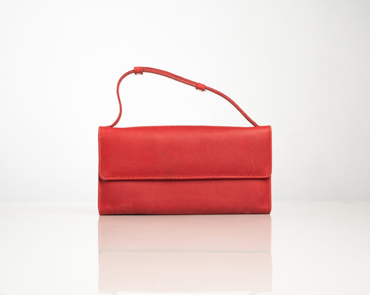 Elegant Red Leather Clutch with Strap – Minimalist Evening Handbag