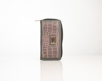 Luxury Croc-Textured Zip-Around Wallet – Dual Tone with Gold Accents