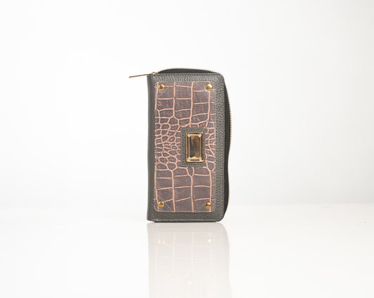 Luxury Croc-Textured Zip-Around Wallet – Dual Tone with Gold Accents