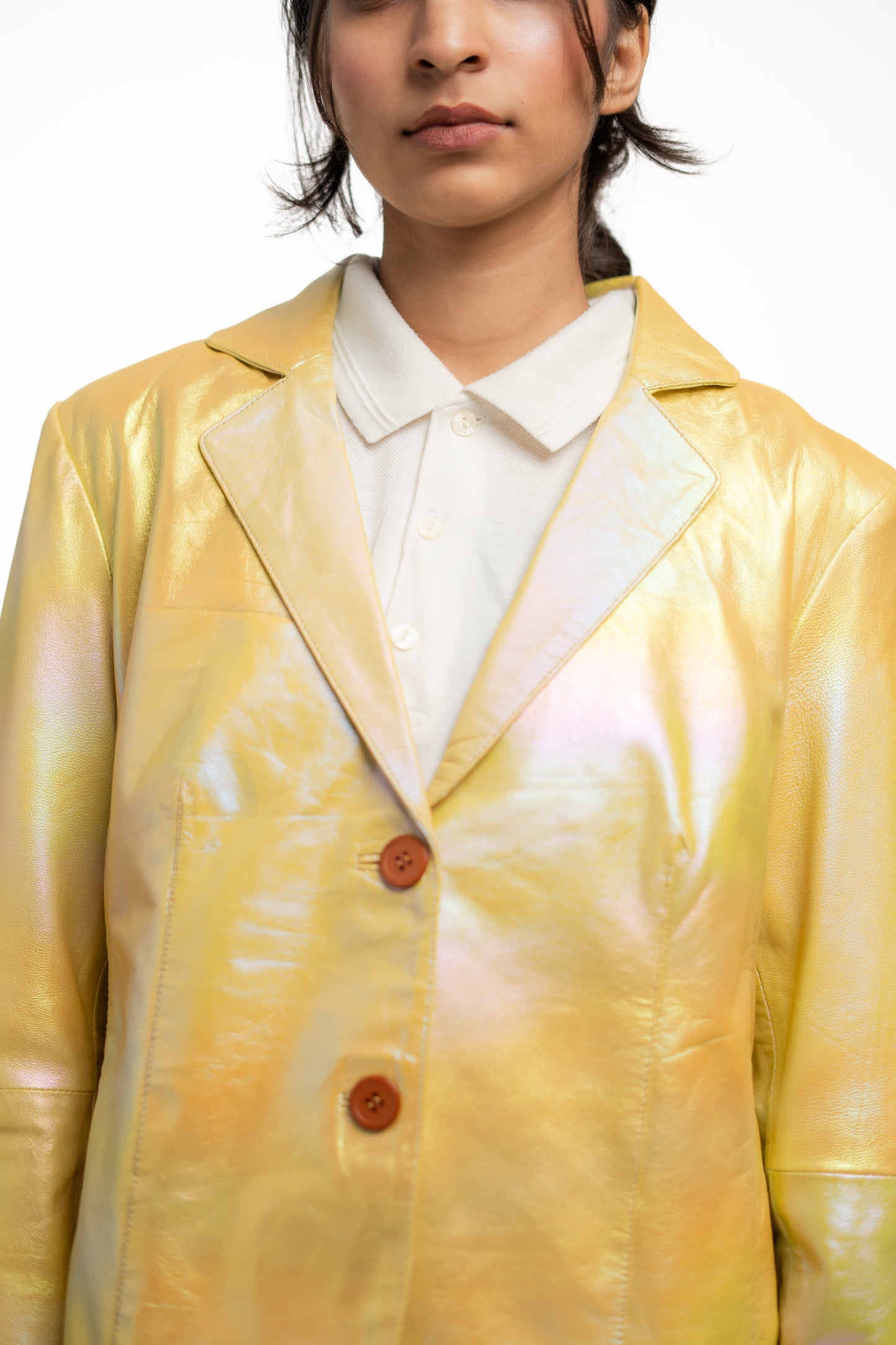 Iridescent Yellow Leather Blazer – Glossy Finish | Statement Fashion Jacket