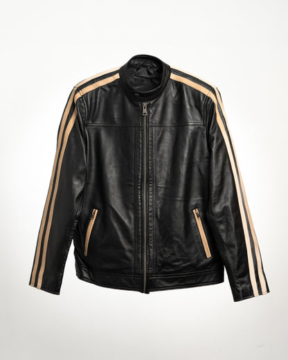 Men's Black Leather Jacket with Beige Racing Stripes – Sleek & Sporty