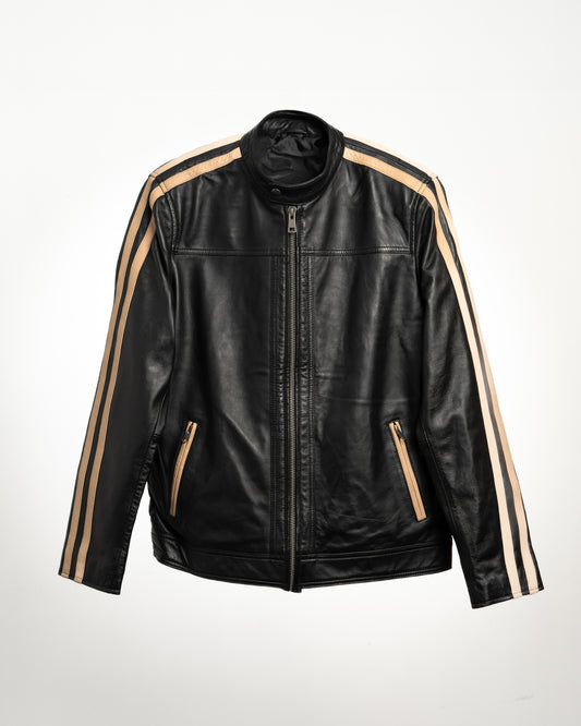 Men's Black Leather Jacket with Beige Racing Stripes – Sleek & Sporty
