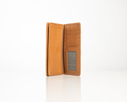 Premium Tan Leather Long Wallet with Multiple Card Slots & ID Window